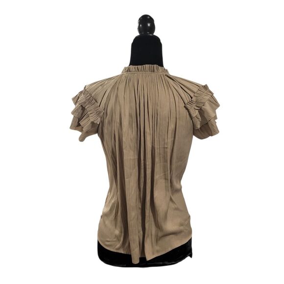 Evereve Tan Metallic Silky Flutter Sleeve Blouse with Mandarin Collar Size XS - Picture 4 of 8